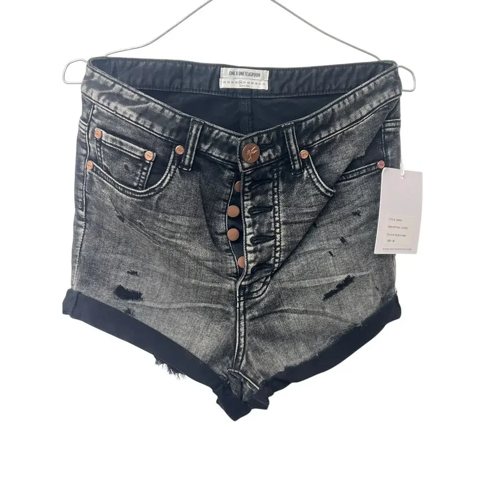 NWT One Teaspoon Sz 26 Lovers Black Hart Button Fly Distressed Denim Jean Shorts